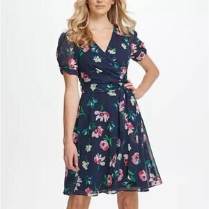DKNY Navy Blue Floral Chiffon Wrap V-Neck Midi Dress Size 10 Preppy Professional